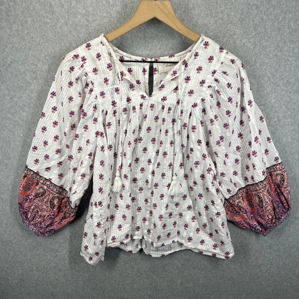 Cleobella Blouse Womens S White Floral Peasant Organic Cotton Boho Tassel EUC